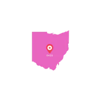 a pink map of ohio with a red dot in the middle