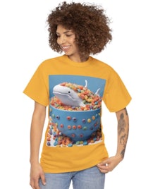 a woman wearing a yellow t - shirt with a shark in a bowl of candy
