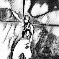 a black and white drawing of a man standing in front of a fence