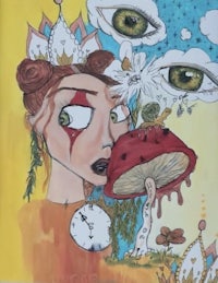 a painting of a woman with a mushroom and eyes