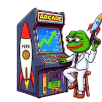 a cartoon frog sitting in front of an arcade machine