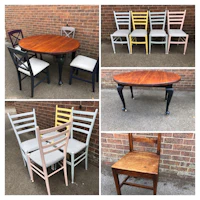 a collage of pictures of different colored chairs and tables
