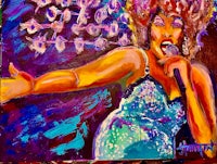 a painting of a woman singing into a microphone