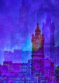 a purple and blue painting of a city with a clock tower