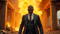 a man in a suit standing in front of a fire