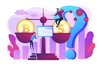 a man is standing on a scale with bitcoins on it