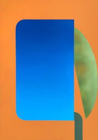 a painting with a blue square on an orange background