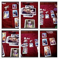 four pictures of tarot cards on a table