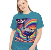 a woman wearing a psychedelic t - shirt with a goose on it