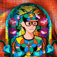a stained glass image of a man with glasses and flowers