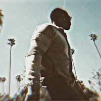 a photo of a man walking in front of palm trees
