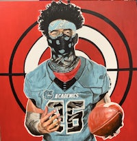 a painting of a football player holding a ball