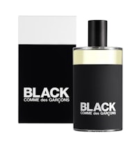 a bottle of black cologne on a white background