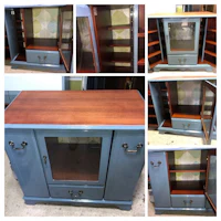 a collage of pictures of a blue tv cabinet