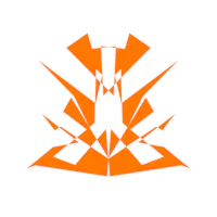 an orange logo with a triangle in the middle