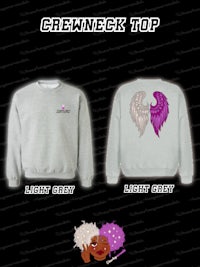 a grey sweatshirt with a pink and purple wing on it