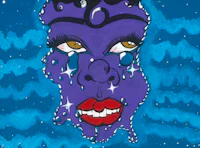 a drawing of a purple face with stars on it