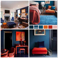 a collage of photos showing a blue and orange living room