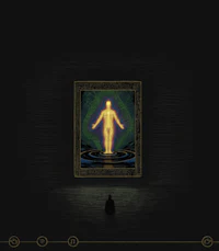 a dark room with an image of a person in front of a light