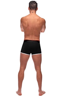 the back view of a man wearing black boxer shorts