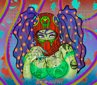 a woman in a psychedelic outfit with a hat on her head