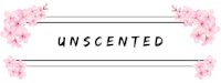 the word unscented on a white background with pink flowers