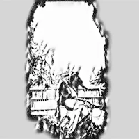 a black and white drawing of a man riding a horse