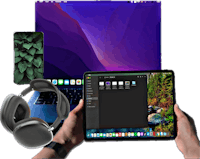 a person holding an apple ipad and a pair of headphones