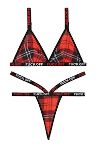 a red and black plaid bikini set