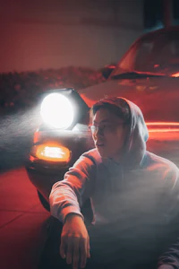 a man sitting in front of a car with a flashlight