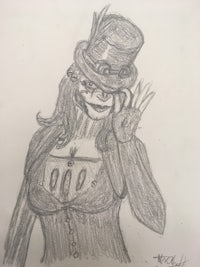 a drawing of a woman in a top hat