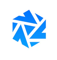 a blue and white logo with an arrow in the middle
