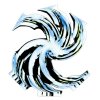 a blue and white swirl logo on a black background