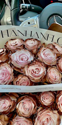 a box of roses in a car