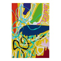 an abstract painting with blue, yellow, and red colors