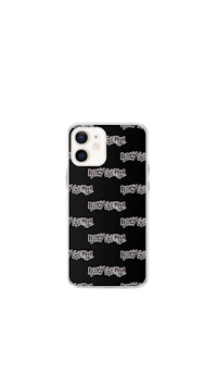 a black phone case with a white logo on it