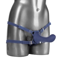 a mannequin wearing a blue harness