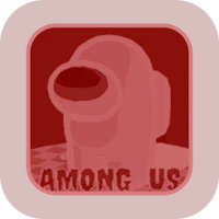 a red square with the words among us on it