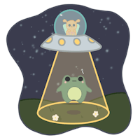 a sticker with a frog on a spaceship