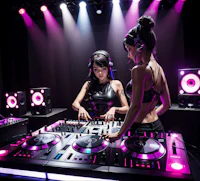 two women djing in a dark room