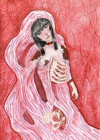 a drawing of a woman in a red dress