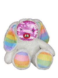 a white stuffed animal with a rainbow face