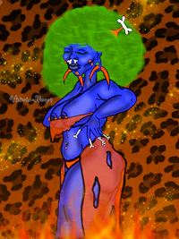 a cartoon of a woman in a leopard print dress with a blue afro