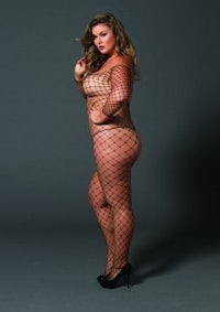 a woman in a fishnet bodystocking posing on a grey background