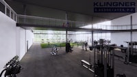 a 3d rendering of a gym with equipment