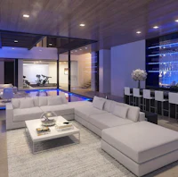 a modern living room with white furniture and blue lighting