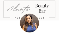 a woman in a blue dress with the words atlante beauty bar