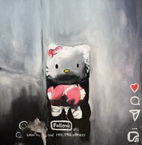 a painting of a hello kitty sitting on a wall