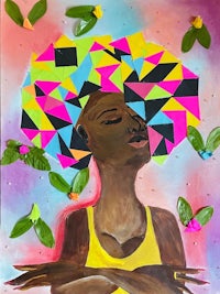 a painting of a woman with colorful hair