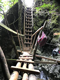 a wooden ladder in the middle of a cave